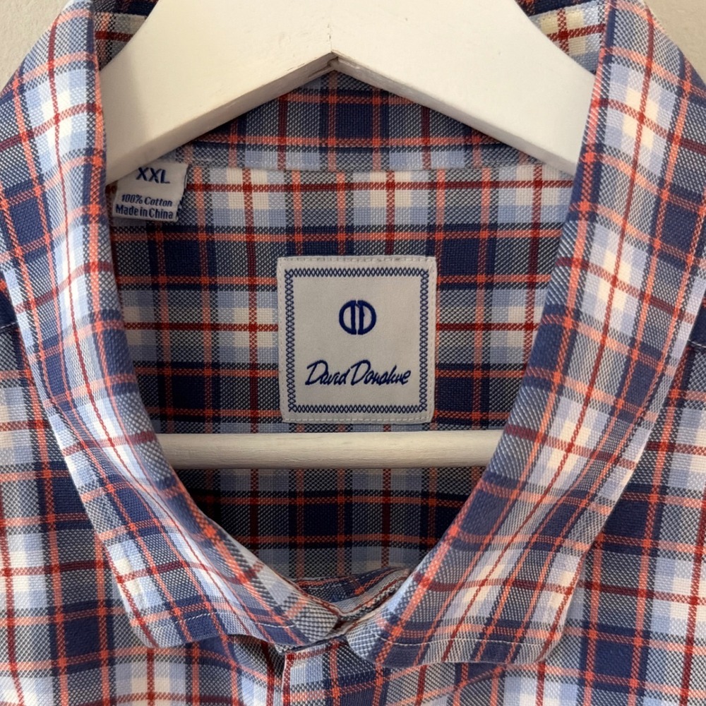 David Donahue Men XXL Plaid Button Down Shirt Blue Red White Cotton Long Slv